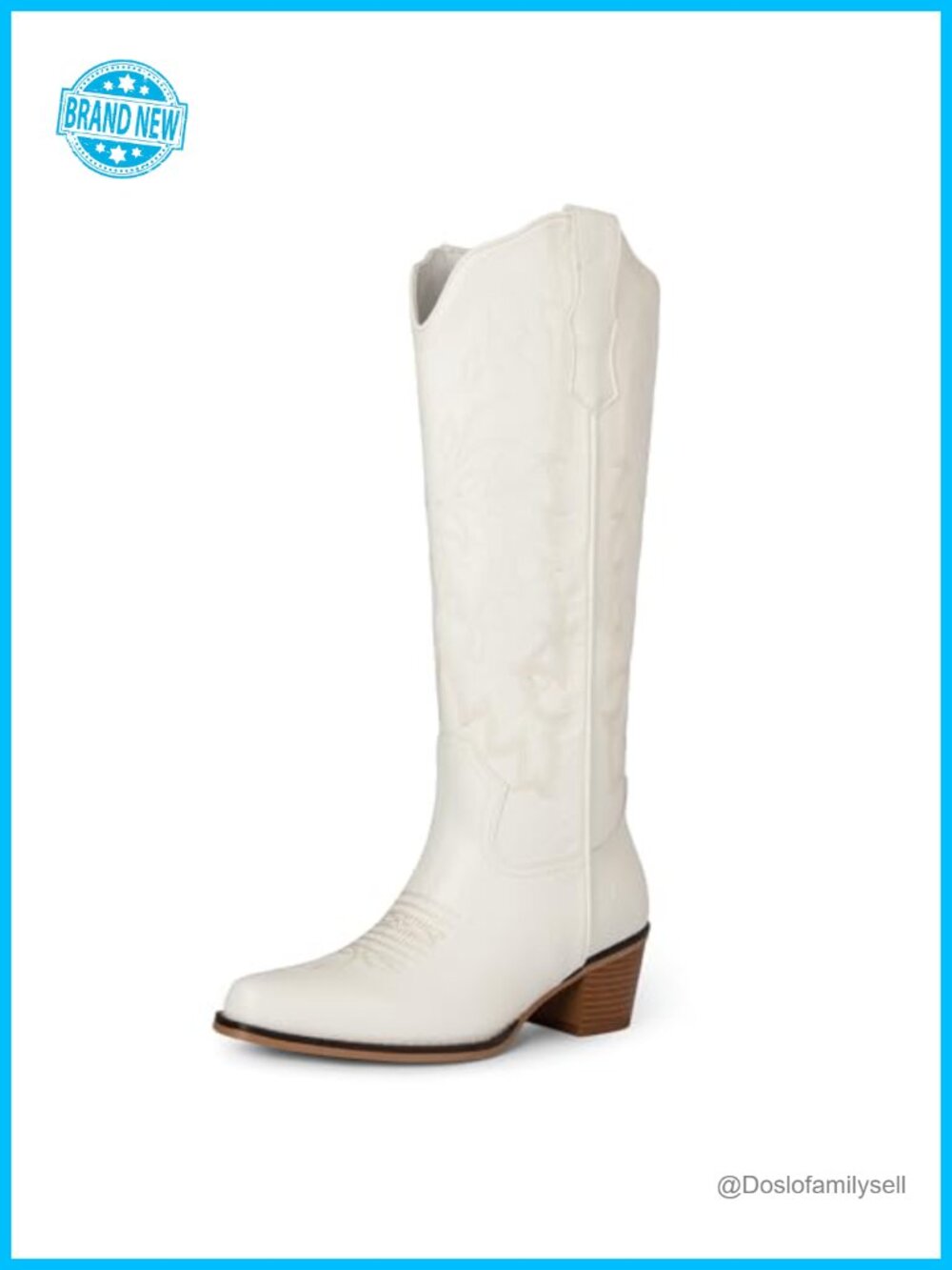 Pointed Toe Chunky Heel Knee High Western Cowboy Boots Faux Leather